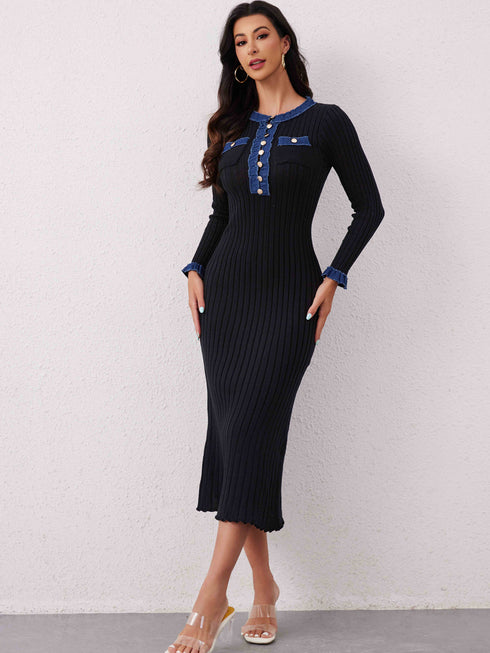 'Rhoswen' Knitted Long Sleeve Sweater Dress - Celes Fashion